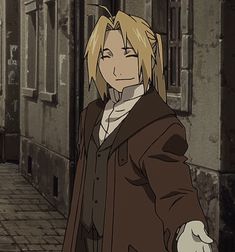 an anime character with blonde hair standing in front of a brick building and looking at the camera