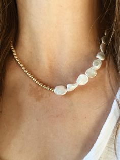 All of our pearls are sustainably sourced right here in California. This one is our beautiful Half & Half necklace made out of freshwater pearls and 14k gold filled beads. Beaded Pearl Rondelle Necklace, Rondelle Beaded Pearl Necklaces, Beaded Pearl Rondelle Necklaces, Beaded Rondelle Pearl Necklace, Adjustable Pearl Necklace With Gold Beads, Everyday Beaded Pearl White Pearl Necklace, White Single Strand Pearl Necklace With 14k Gold Filled, Rondelle Pearl Necklace With Polished Beads, White Pearl Beaded Necklaces In Rondelle Shape