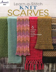 knitted scarves are lined up against a wooden fence with text that reads learn - a - stitch knitt scarves