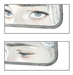 two different views of the same person's eyes and their reflection in a mirror