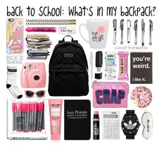 back to school what's in my backpack? with pink, black and white items