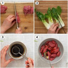 four pictures showing how to cut raw meat into small pieces and place them in a bowl