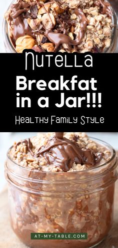 A jar of Nutella overnight oats topped with hazelnuts and chocolate chunks, alongside gingerbread cookies. The overlay text says, "The Best Overnight Oats for Families - They'll Love This Secret Ingredient!!!"