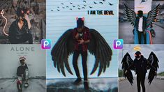 the collage shows different images of people with wings on their heads and in black clothing