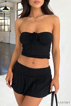 Lasaky - Chic Solid Two-Piece Ensemble with Drawstring Waist and Strapless, Sleeveless Design Mini Skirt Summer Outfit, Sporty Skirt, Y2k Sporty, Mini Skirt Summer, Beach Holiday Dresses, Sleeveless Suit, Set Outfits, Wide Leg Dress Pants, Tube Tops