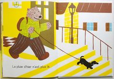 an open children's book with a drawing of a bear pulling a dog on a leash