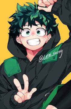 an anime character with black hair and green eyes, making the peace sign while wearing a hoodie