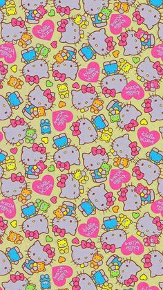 an image of hello kitty wallpaper with many different colors and patterns on it's surface