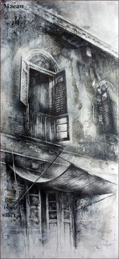 a drawing of an old building with windows and shutters on the outside, in black and white