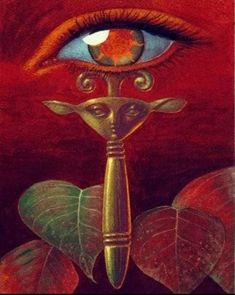 an eye is shown with leaves surrounding it and a golden key in the foreground