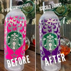 the before and after shots of starbucks's reusable water bottles, with butterflies on them