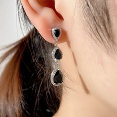 Long Fashionable Dangle Earrings In Clear And Black Cz Stones. #Fashionjewelry #Earrings #Dangleearring #Dropearrings #Fashionearrings Black Dangle Teardrop Earrings For Party, Elegant Black Teardrop Earrings For Parties, Black Teardrop Crystal Earrings For Formal Events, Elegant Black Teardrop Earrings, Formal Black Teardrop Crystal Earrings, Elegant Black Teardrop Earrings In Sterling Silver, Elegant Black Sterling Silver Teardrop Earrings, Black Drop Teardrop Earrings For Party, Elegant Black Teardrop Sterling Silver Earrings