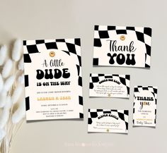 black and white checkered wedding suite with thank you cards