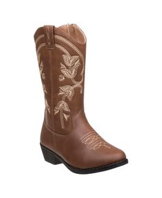 Kensie girl boot with embroidered details, traditional six-row stitch pattern, block heel and side zipper. Toddler Girl Cowboy Boots, Kids Heels, Flower Brown, Girl Cowboy Boots, Cowboy Design, Comfy Boot, Western Cowboy Boots, Girls Boots, Kids Boots