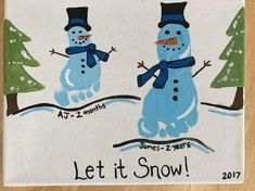 two snowmen with hats and scarfs are depicted on a white background, which reads let it snow