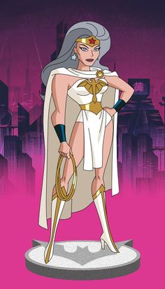 an animated woman dressed as the egyptian queen in front of a cityscape background