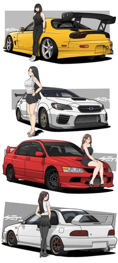 four different types of cars with women standing on them