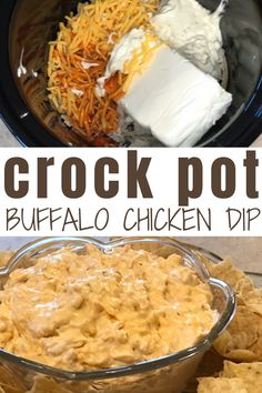 the crock pot buffalo chicken dip is ready to be served with tortilla chips