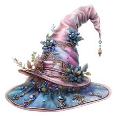 a wizard hat with flowers and jewels on the top is painted in pastel blue