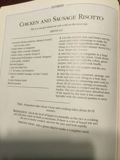 an open book with instructions on how to cook chicken and sausage risotto in it