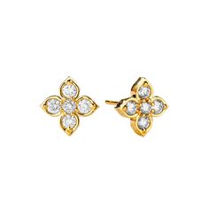 The perfect statement studs for everyday glamour, these botanically-inspired earrings are like miniature sculptures that resemble flower blossoms. Meticulously crafted in 18K gold, these earrings feature champagne diamonds for maximum sparkle. MATERIAL: 18k Yellow Gold GEMSTONE: Diamonds STONE WEIGHT: 0.70 ct DIMENSIONS: 0.5 in x 0.5 in Post backs for pierced ears We feel an innate connection with nature, and just as a tree has its roots planted deeply in the soil, we too feel stable, peaceful, and centered when we are in the midst of nature. The natural kingdom is a perennial fount of inspiration for us from where we pluck motifs and hues for our designs. REF: E55160CDIA Diamond Studs Earrings, Studs Earrings, Four Leaves, House Gifts, Champagne Diamond, Four Leaf, Blossom Flower, Jewelry Creation, Watches Jewelry