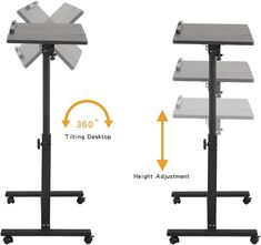 the height and width of a standing desk with two shelves on each side, along with an arrow pointing to the right