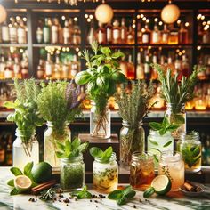 several jars filled with plants and herbs on a table in front of a shelf full of liquor bottles