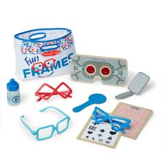 an assortment of toys including sunglasses, eyeglasses and other items are shown in this image