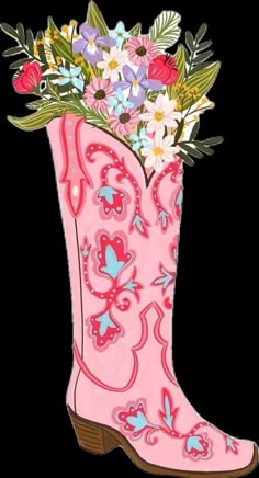 a pink cowboy boot with flowers in it