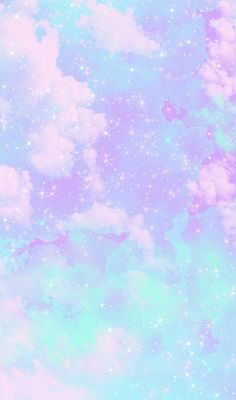 the sky is full of stars and clouds in pastel colors, as well as some white fluffy clouds