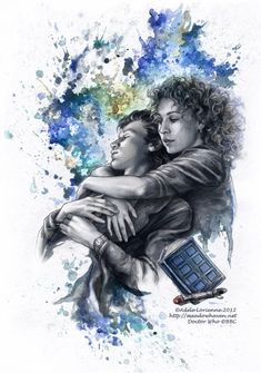 a drawing of two people hugging each other with the doctor who is in the background