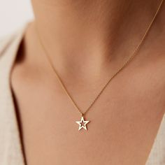 The delicate gold chain holds a beautifully crafted star charm, symbolizing hope and good fortune. Measuring approximately 10 x 10 mm in size, this necklace is the perfect size for everyday wear. Whether you're looking for a special gift for a loved one or simply treating yourself to a beautiful piece of jewelry, this lucky star charm necklace is a timeless and meaningful choice. ▶ Features * Made to Order. * Gold KT: 14K * Custom Gold Color: Rose Gold, Yellow Gold, White Gold * Charm 10mm x 10mm * Ready to Ship in 3-5 Business Days ▶ See more of our Gold Necklaces here- http://etsy.me/2lUxj86 ▶ See our storefront here - http://etsy.me/2lUcVnH  ▶ All store sections here * Diamond Rings - http://etsy.me/2lwKUl8 * Diamond Earrings - http://etsy.me/2lyqVBP * Diamond Necklace - http://etsy.me/ Delicate Yellow Gold Charm Necklace With Star Charm, Delicate Yellow Gold Star Charm Necklace, Yellow Gold Star Of David Charm Necklace Gift, Yellow Gold Star Of David Charm Necklace, 14k Gold Star Necklace As Gift, 14k Gold Star Necklace For Gift, 14k Gold Star Necklace Perfect For Gifts, Yellow Gold Star Necklace Gift, Etsy Gold Jewelry