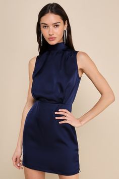 Classic Elegance Navy Satin Sleeveless Mock Neck Mini Dress Fabric Detailing, Mini Dress Bodycon, Gathered Fabric, Sleeveless Mock Neck, Mock Neck Mini Dress, Black Tie Gala, Mock Neck Dress, Swimwear Dress, Satin Mini Dress