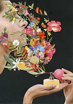 a woman with flowers on her face holding an object