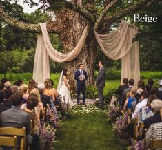 a couple getting married in front of an outdoor wedding ceremony with drapes draped over the trees