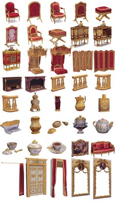 an assortment of antique furniture including chairs, tables and other items in gold paint on white paper