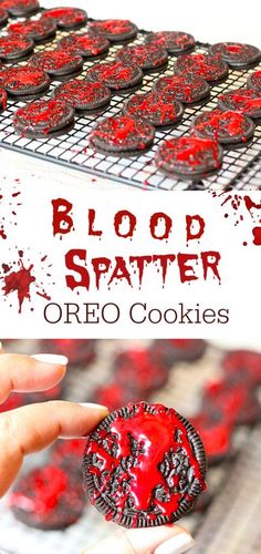 blood splatter oreo cookies on a cooling rack with red icing in the background