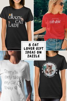 four different t - shirts with the words crazy cat lady and lover gift ideas on them