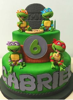 there is a green cake with teenage mutant on top and the number six on it