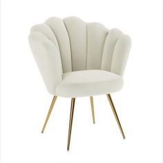 a white chair with gold legs and an armrest on top of the chair is in front of a white background