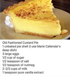 a piece of pie on a plate with instructions to make it look like an old fashioned custard pie