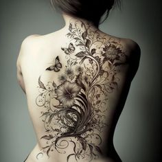 the back of a woman's body with flowers and butterflies on it