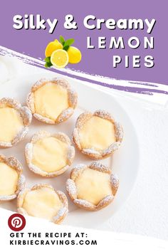 lemon pies on a white plate with the words silky & creamy lemon pies