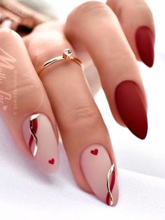 almond-shaped, burgundy nails with swirls and tiny hearts Heart Nail Designs, Valentine Nails, Nail Art Tutorial, Valentine's Day Nails