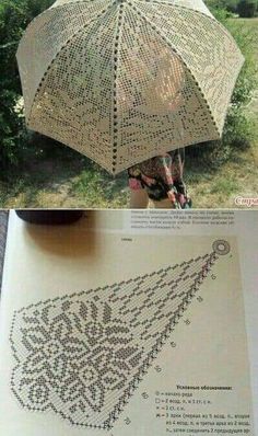 an old crocheted umbrella is shown in two different pictures, and the bottom photo shows