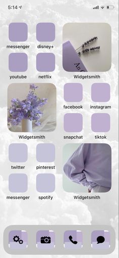 lavender purple ios14 home screen wallpaper Purple Phone Astetic, Lavender Iphone Aesthetic, Aesthetic Iphone Theme Ideas Purple, Ios Purple Home Screen, Lavender Iphone Layout, Light Purple Homescreen Ideas, Lavender Aesthetic Lockscreen, Homescreen Asethic