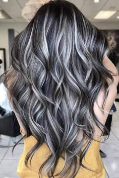 Dark And Platinum Highlights, Gray And White Highlights, Black And Silver Balayage Hair, Grey And Brown Hair Highlights, Highlights To Blend White Hair Brunettes, Grey To Brown Ombre Hair, Dark Hair With Ice Blonde Highlights, Silver Hair With Dark Lowlights, Dark Brown Gray Highlights