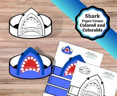 shark paper crown coloring pages and printables for kids to color on the table