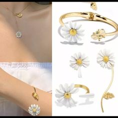 4 Pc Beautiful Daisy Set Adjustable Open White Daisy Paint 4pc Set Bracelet, Earrings,Ring , Condition : 100% Brand New & High Quality Metal: Alloy+Paint Main Stone: Not Applicable Color:Gold Ring Size :Adjustable Package Include Earrings Ring Bracelet White Metal Jewelry For Spring, Adjustable White Metal Jewelry Sets, Magnolia Jewelry, Pink Magnolia, Set Bracelet, White Daisy, Ring Bracelet, Gold Ring, Magnolia