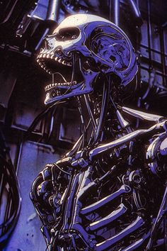 an alien is standing in front of some metal pipes and wires on the side of a building